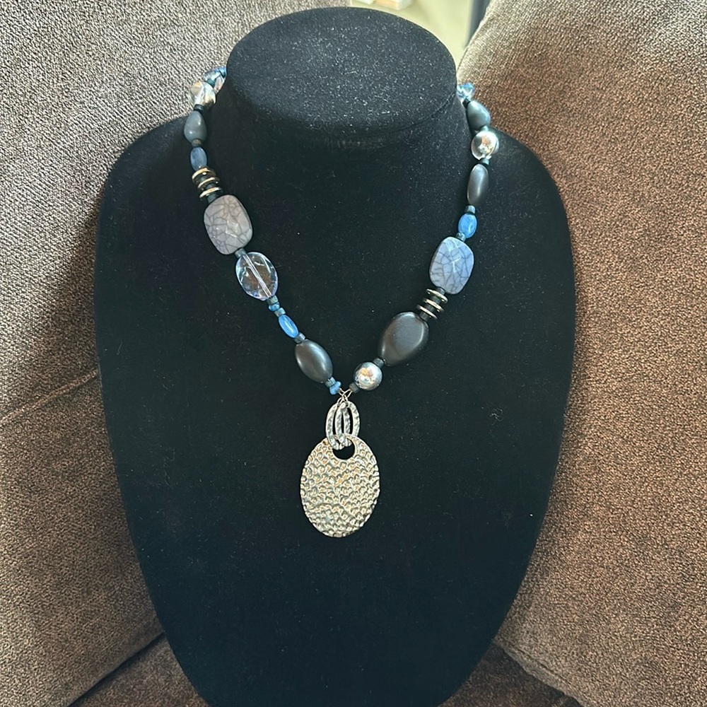 Silver and Blue Beaded Medallion Necklace